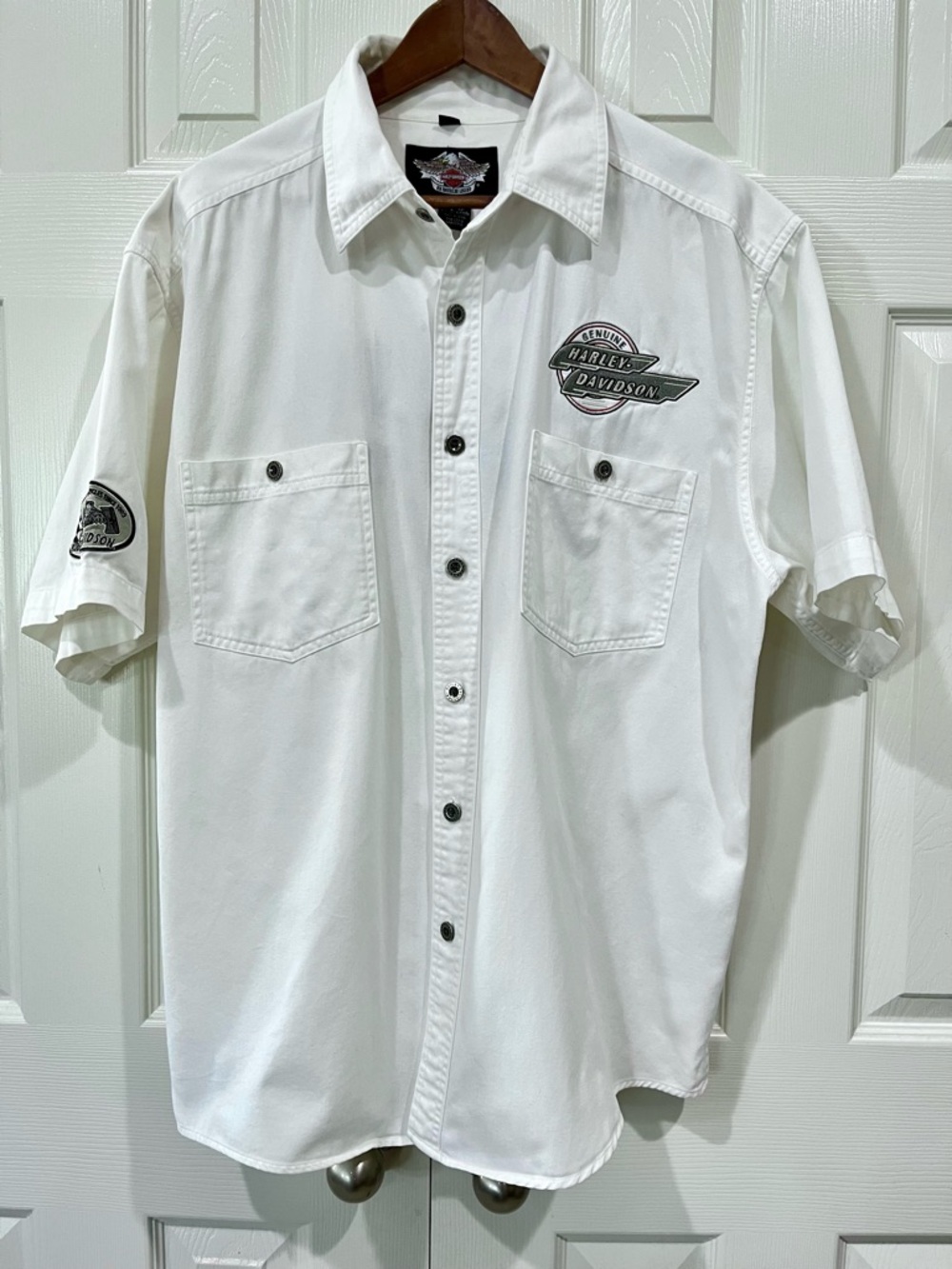 Harley Davidson Men’s White Short Sleeve Button Down Embroidered Shirt XL